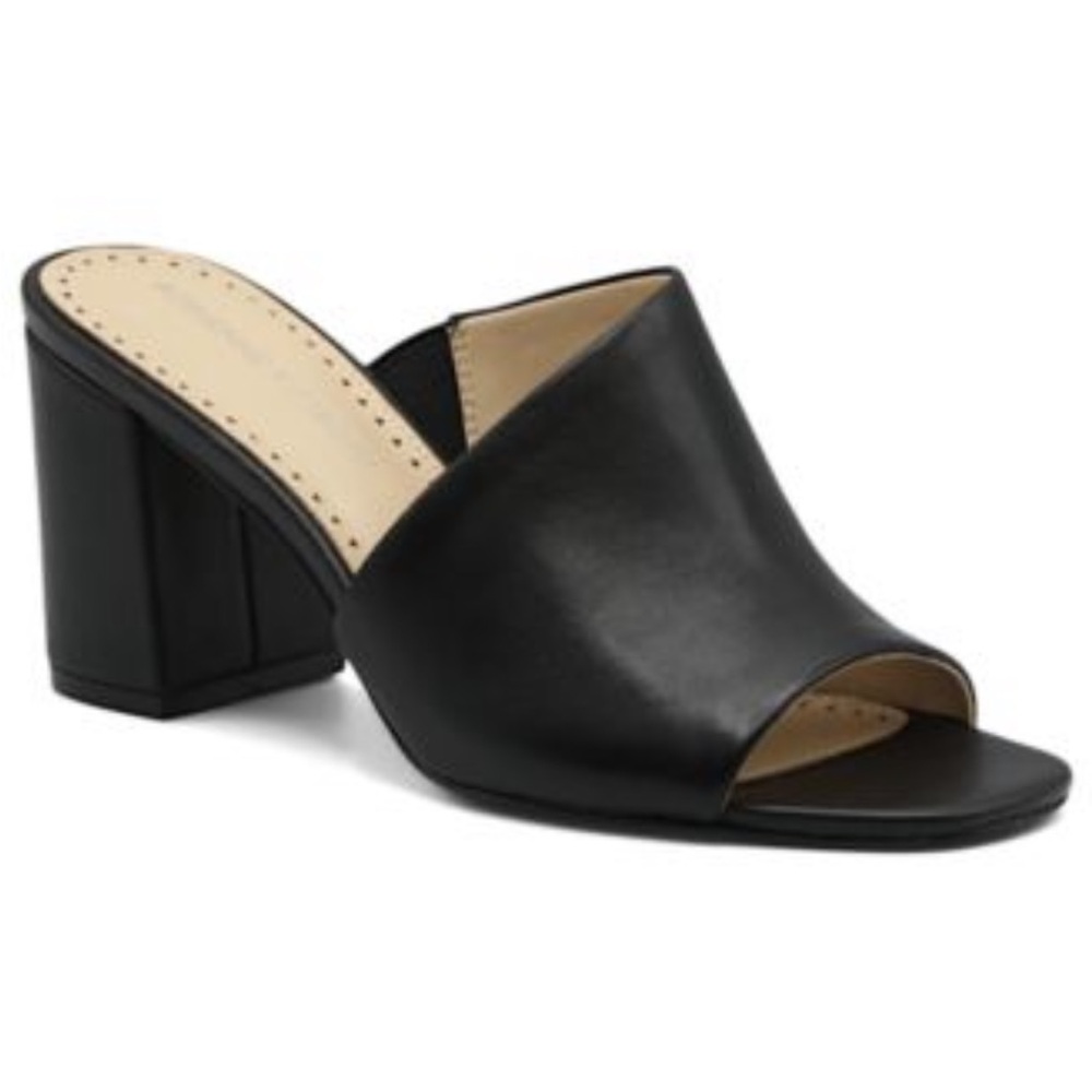 Adrienne Vittadini Black Leather Open-Toe Block Heel Mules